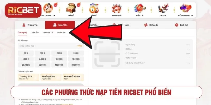 Các phương thức nạp tiền RICBET phổ biến